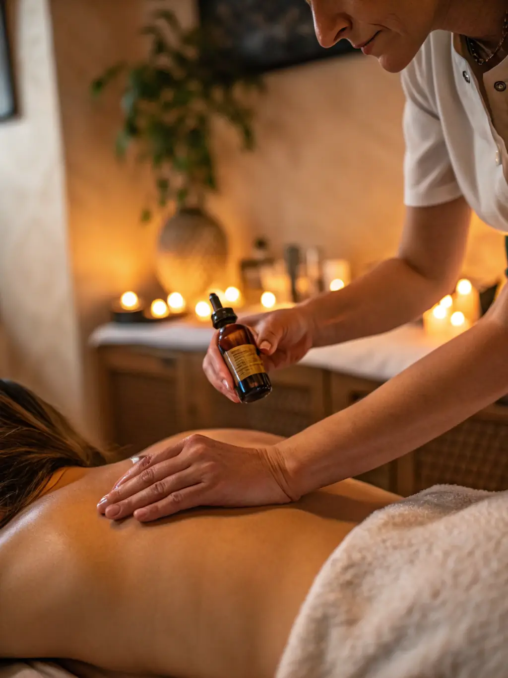 Close-up shot of hands receiving a relaxing massage with essential oils, in a dimly lit room, highlighting the deep relaxation and stress relief benefits.